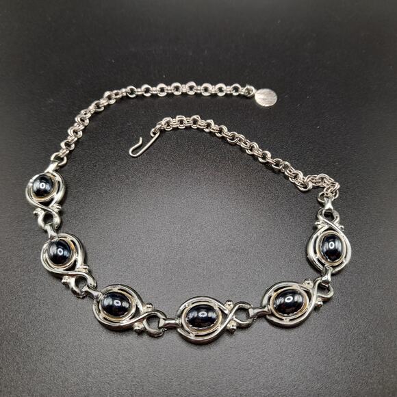 Vintage 1960s Faux Hematite Cabochon Necklace, 15 1/2", Silver Tone - Picture 6 of 10